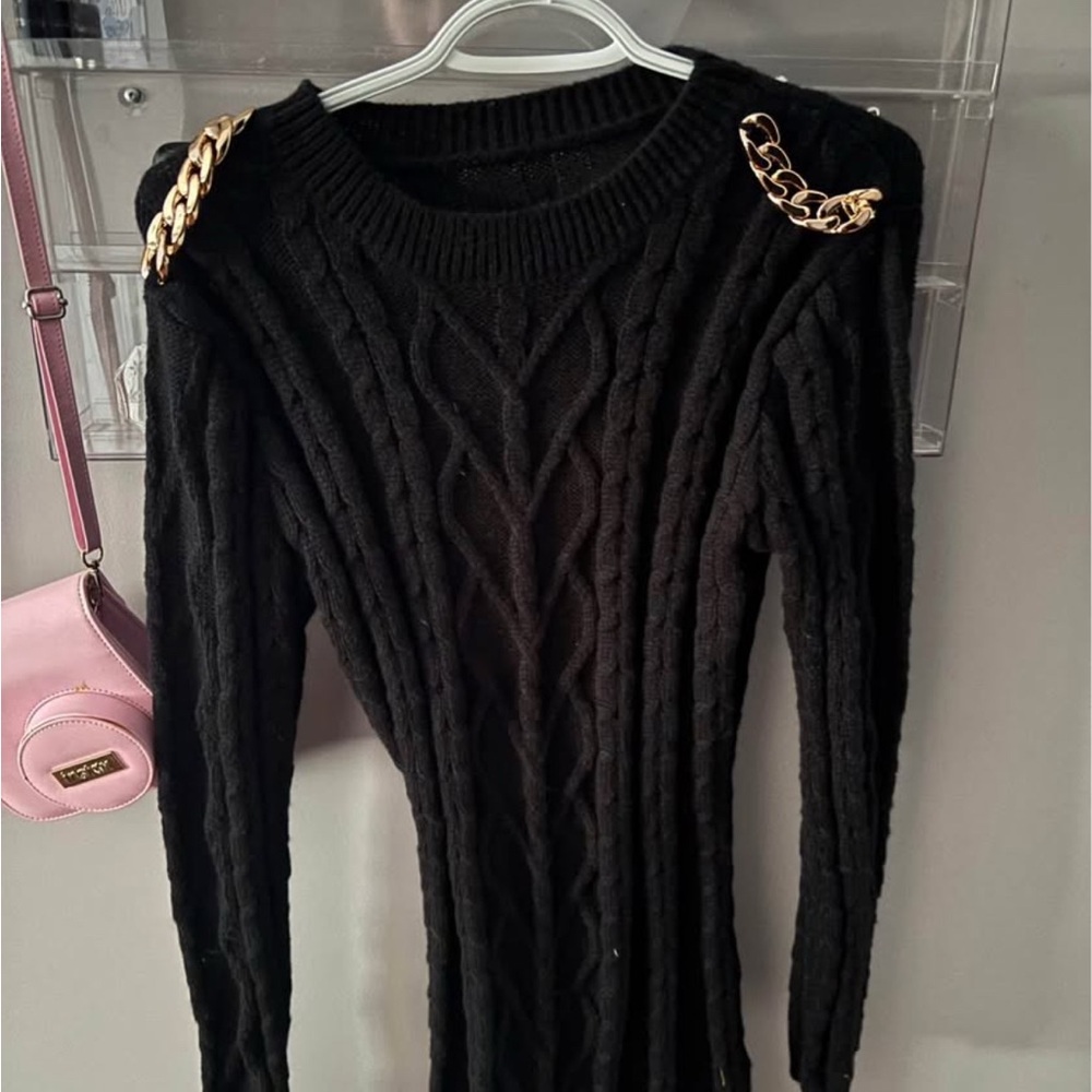 Black Cable Knit Sweater with Gold Chain Detail